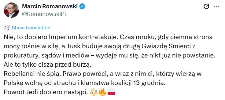 Wpis X Michała Romanowskiego o filmiku Donalda Tuska w Powrotem Jedi