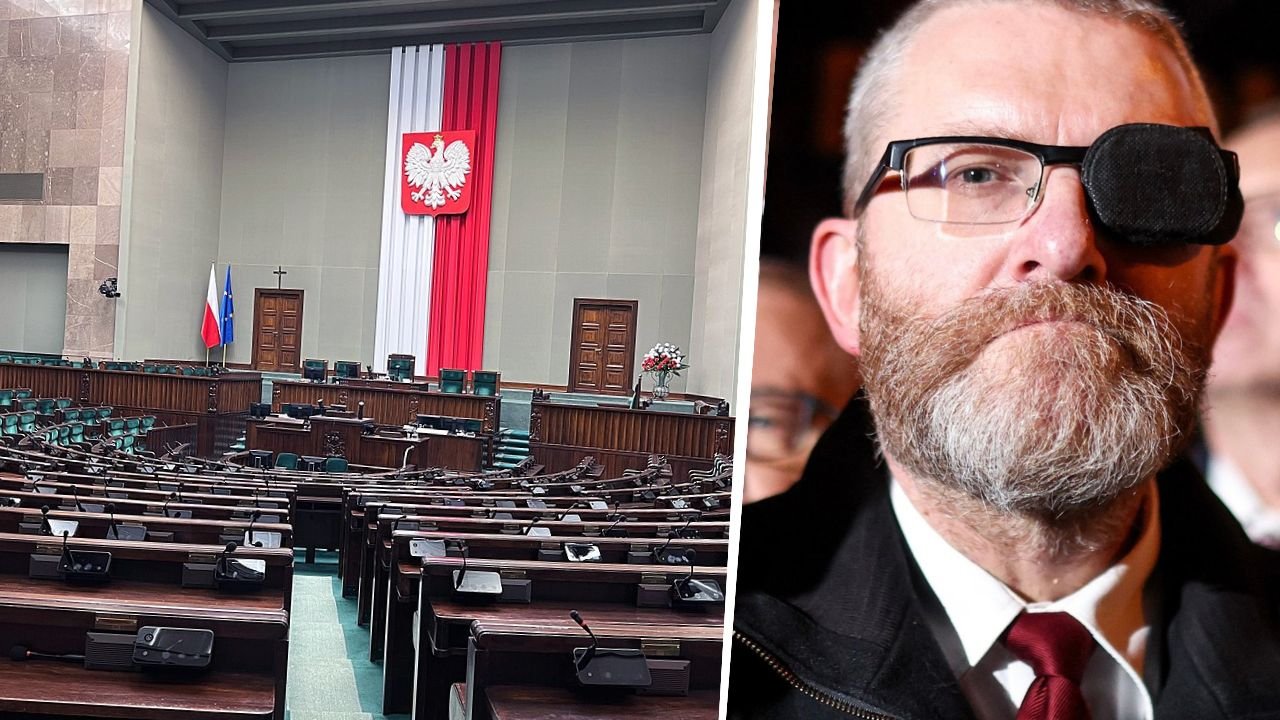 Sala plenarna sejm RP; Grzegorz Braun w przepasce na oku