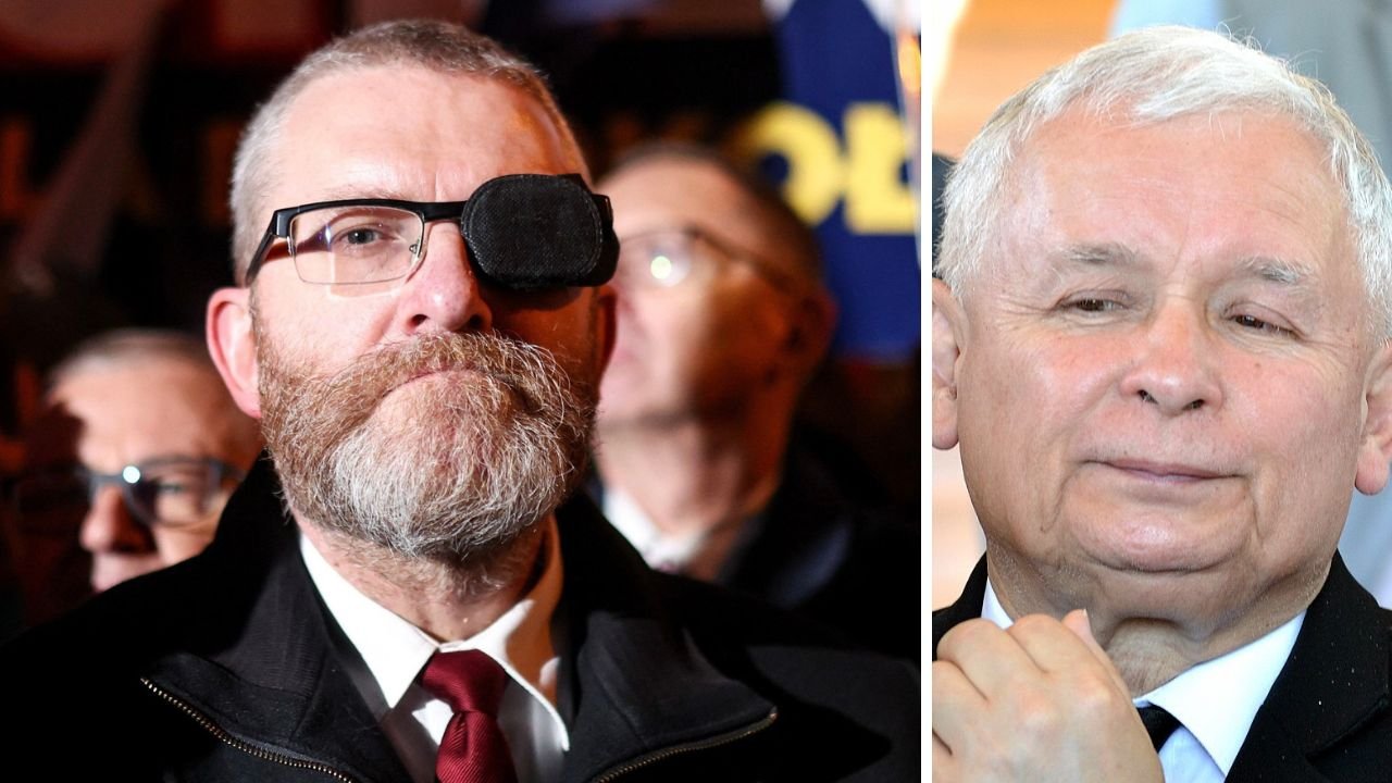Grzegorz Braun z przepaską na oku; Jarosław Kaczyński trzymający się za gardło