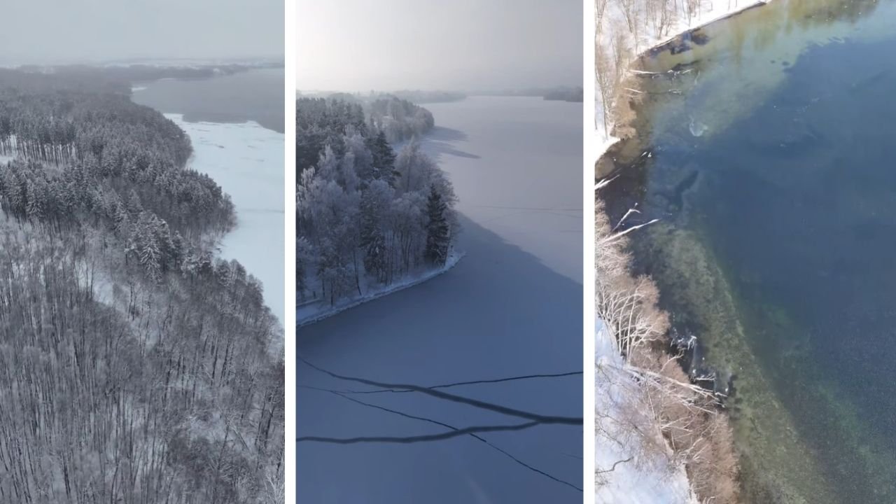Zamarznięte jezioro hańcza z lotu ptaka