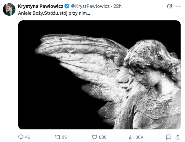 Wpis Krystyny Pawłowicz na portalu X (zrzut ekranu) - czarno-białe zdjęcie anioła i podpis "Aniele Boży, Stróżu, stój przy nim"