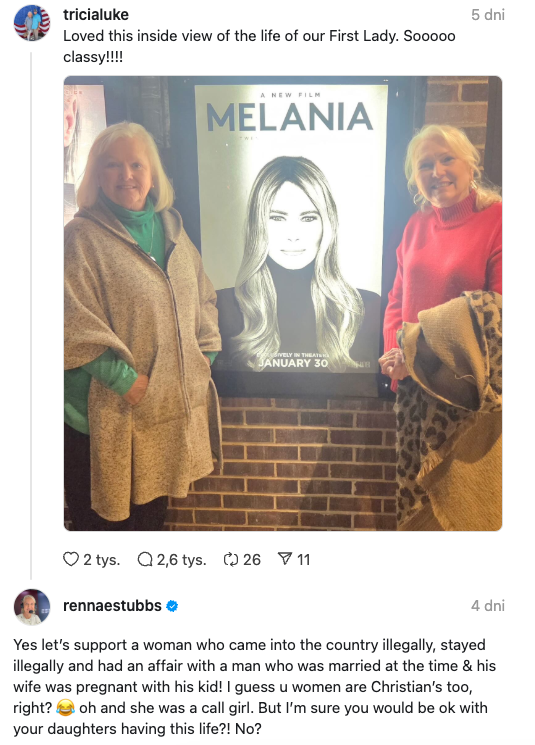 Nieprzychylny komentarz na temat Melanii Trump na portalu Threads