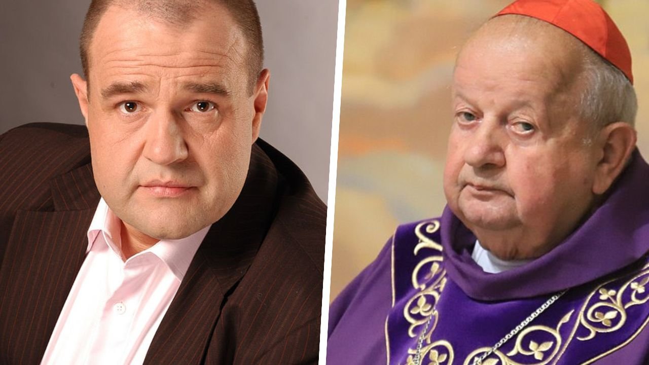 Cezary Żak w białej koszuli i czarnej marynarce' stanisław dziwisz w fioletowym ornacie