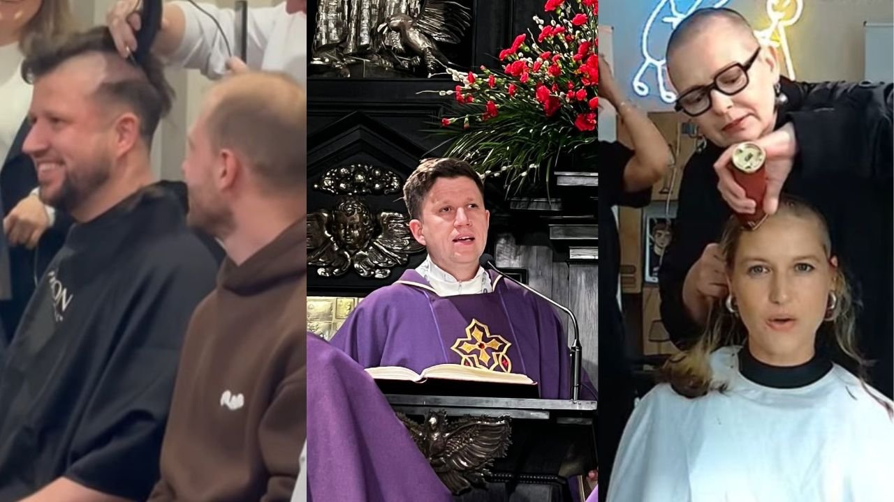 po lewo ksiądz golądy głowę, po środku ksiądz w trakcie mszy, po prawo Nowoska goląca koleżankę