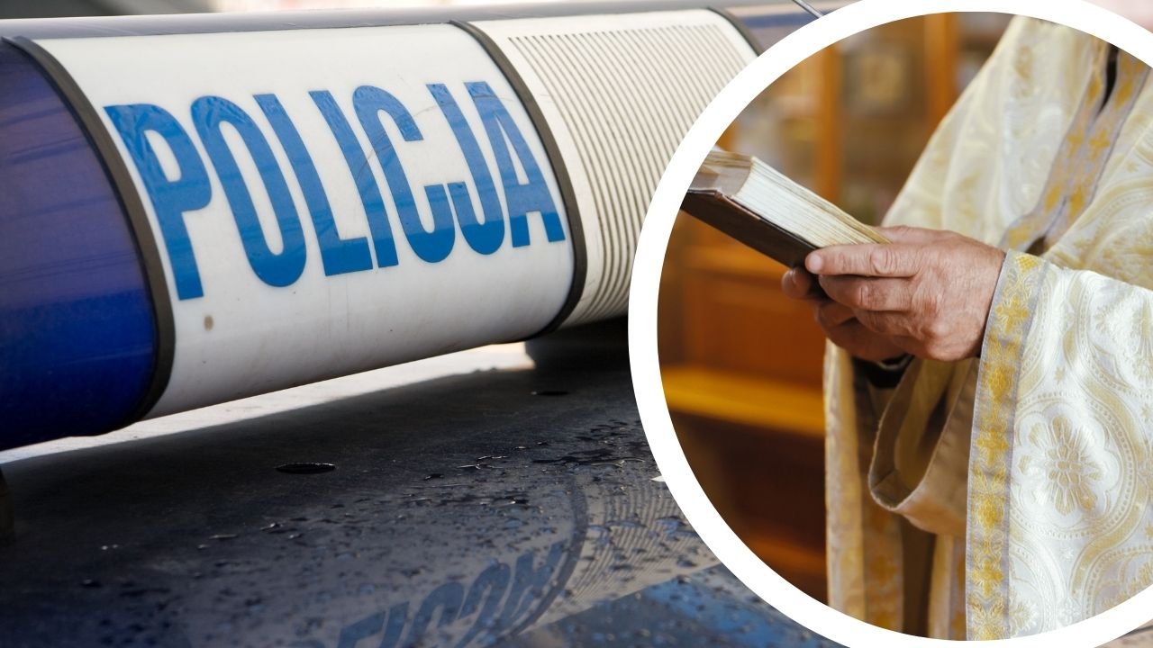 radiowóz policyjny; ksiądz w ornacie w czasie modlitwy