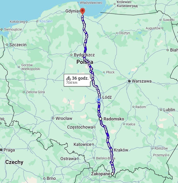 mapa Polski z wyznaczoną trasą