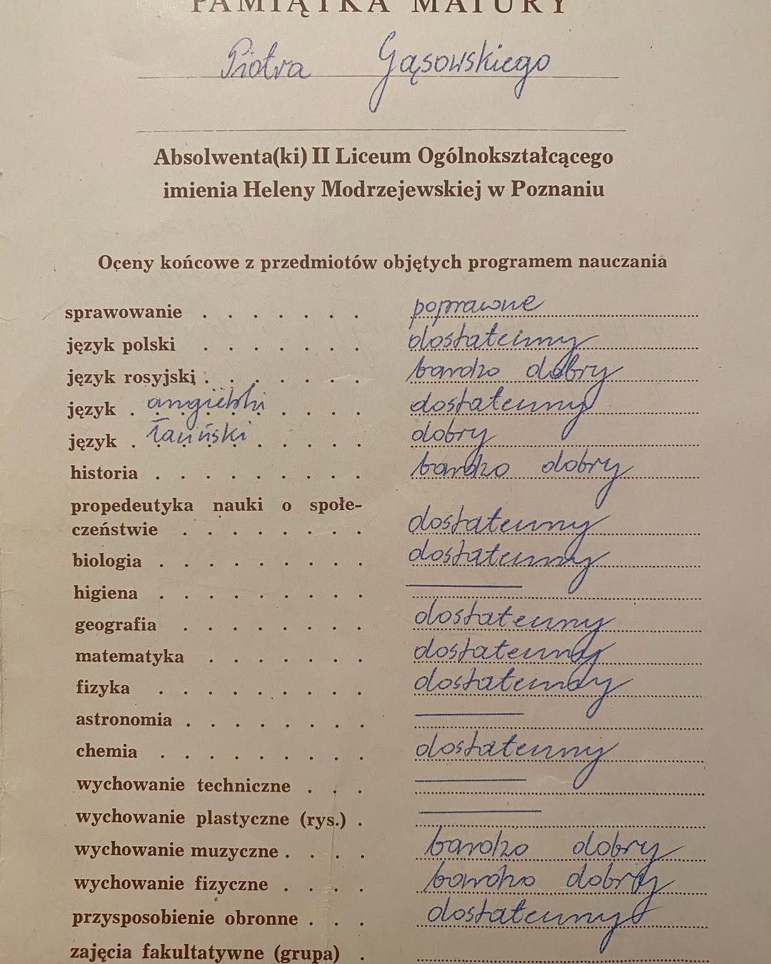 świadectwo maturalne Piotra Gąsowskiego