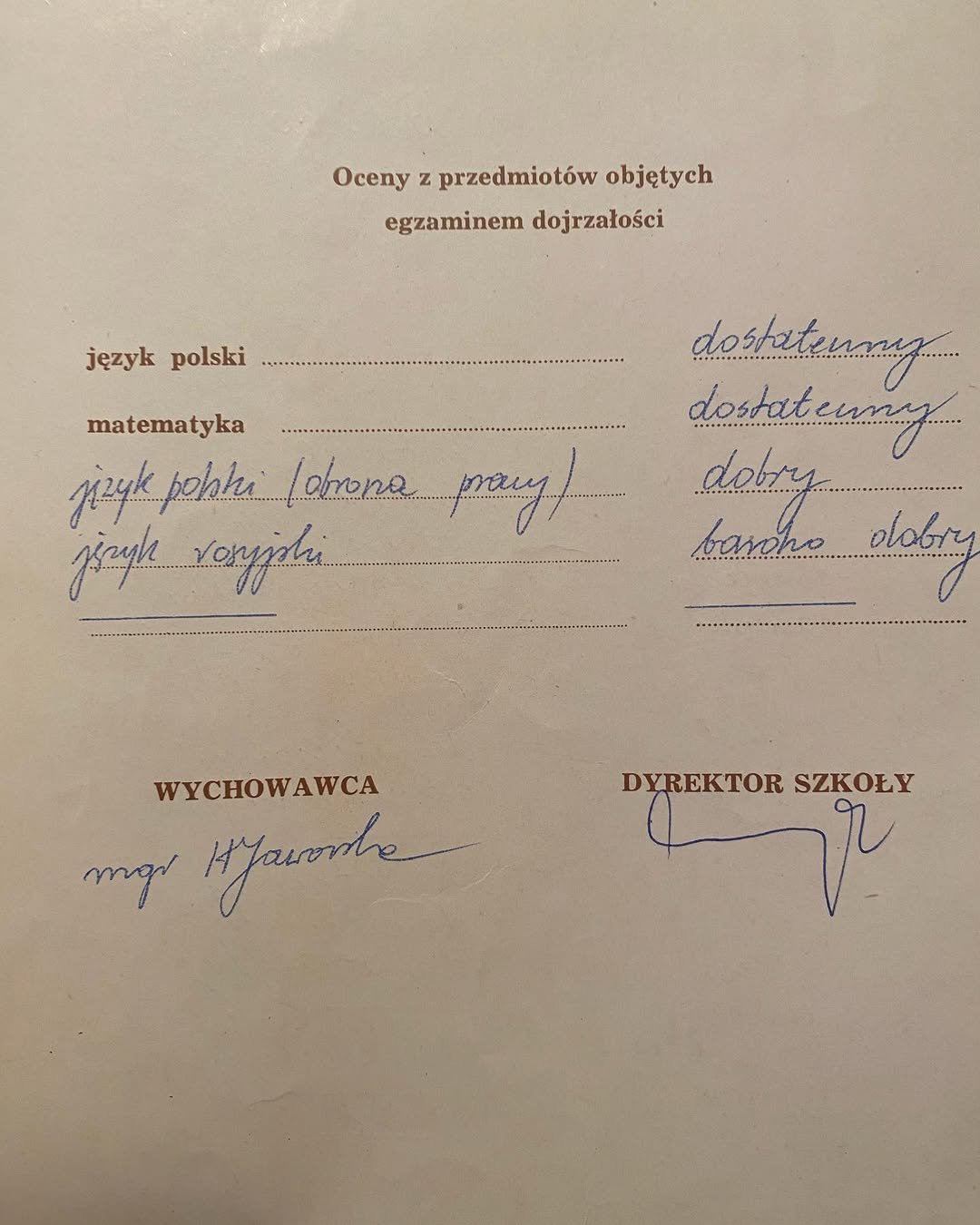świadectwo maturalne Piotra Gąsowskiego