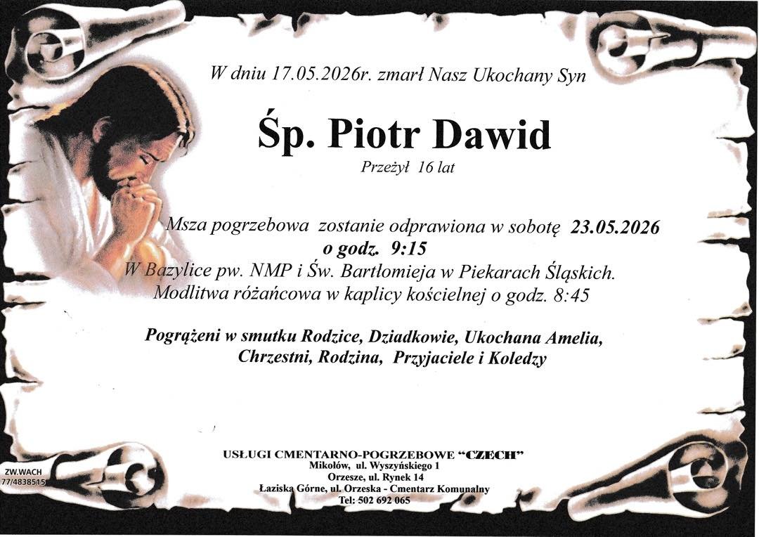 nekrolog Sp. Piotra Dawida, syna muzyka Tomasza Dawida