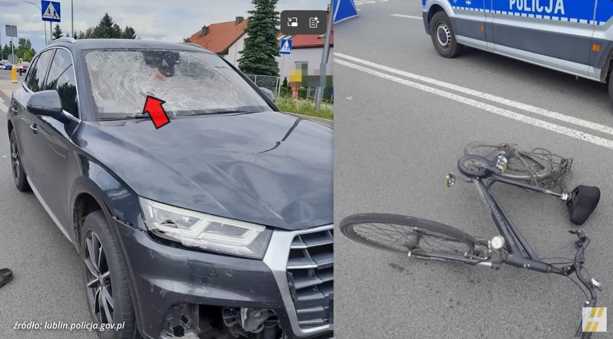 po lewo zdjęcie rozbitego samochodu, po prawo zdjęcie rozbitego roweru