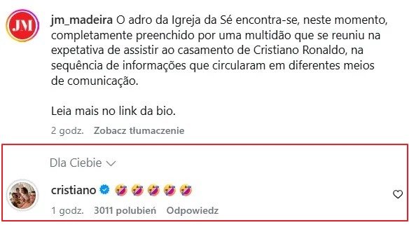 reakcja cristiano ronaldo na wiadomość o ślubie na maderze