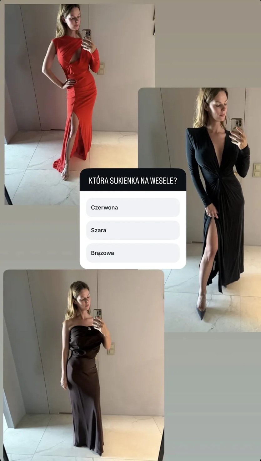 małgorzata  tomaszewska w 3 sukniach, jedna z nich jest czerwona