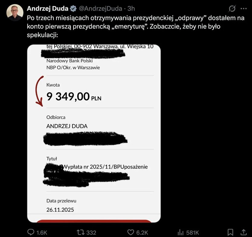przelew - screen, emerytura andrzeja dudy