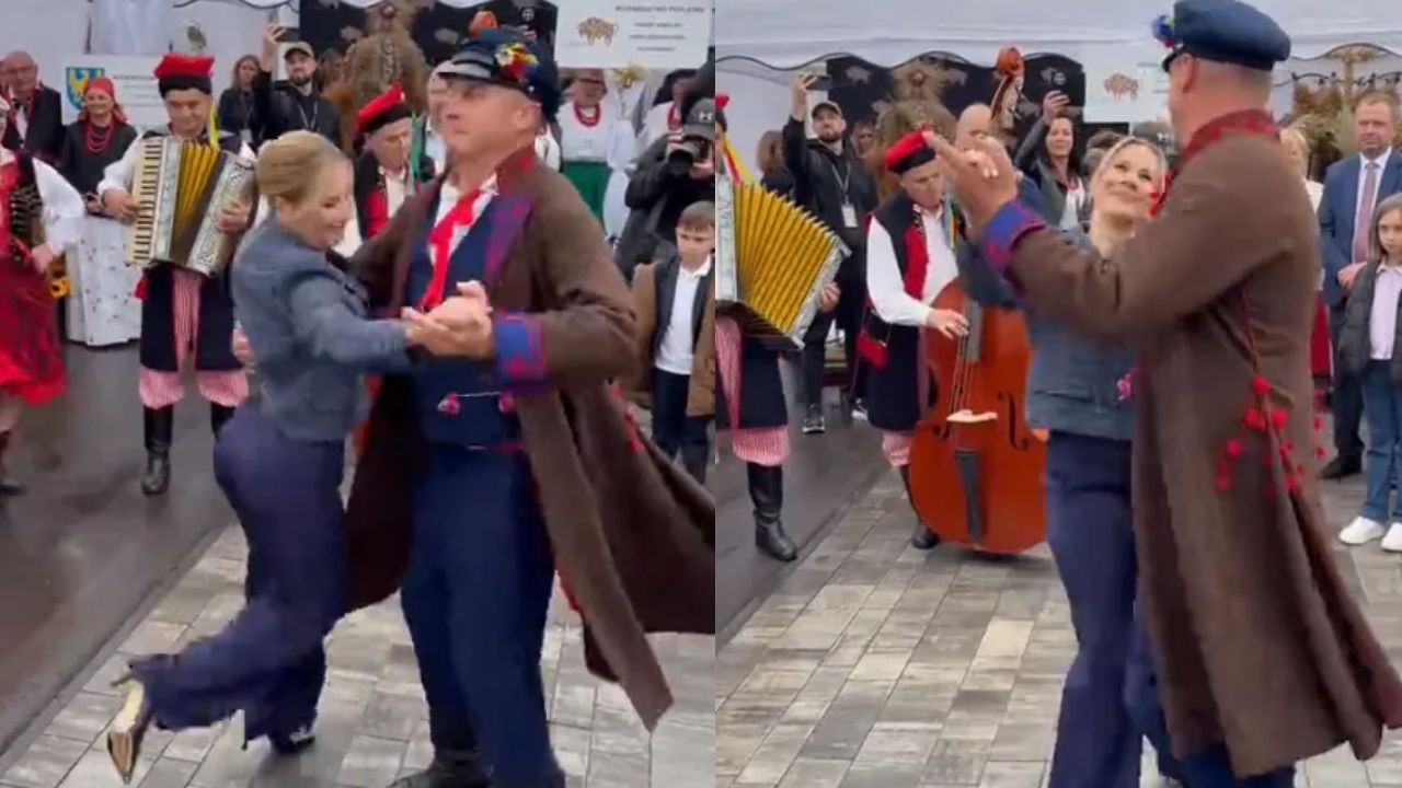 Marta Nawrocka wywija w niebotycznych szpilkach na dożynkach. Internauci pękają z zachwytu: "Mnie by nogi w szpilkach odpadły. Brawa dla pani Marty" [wideo]