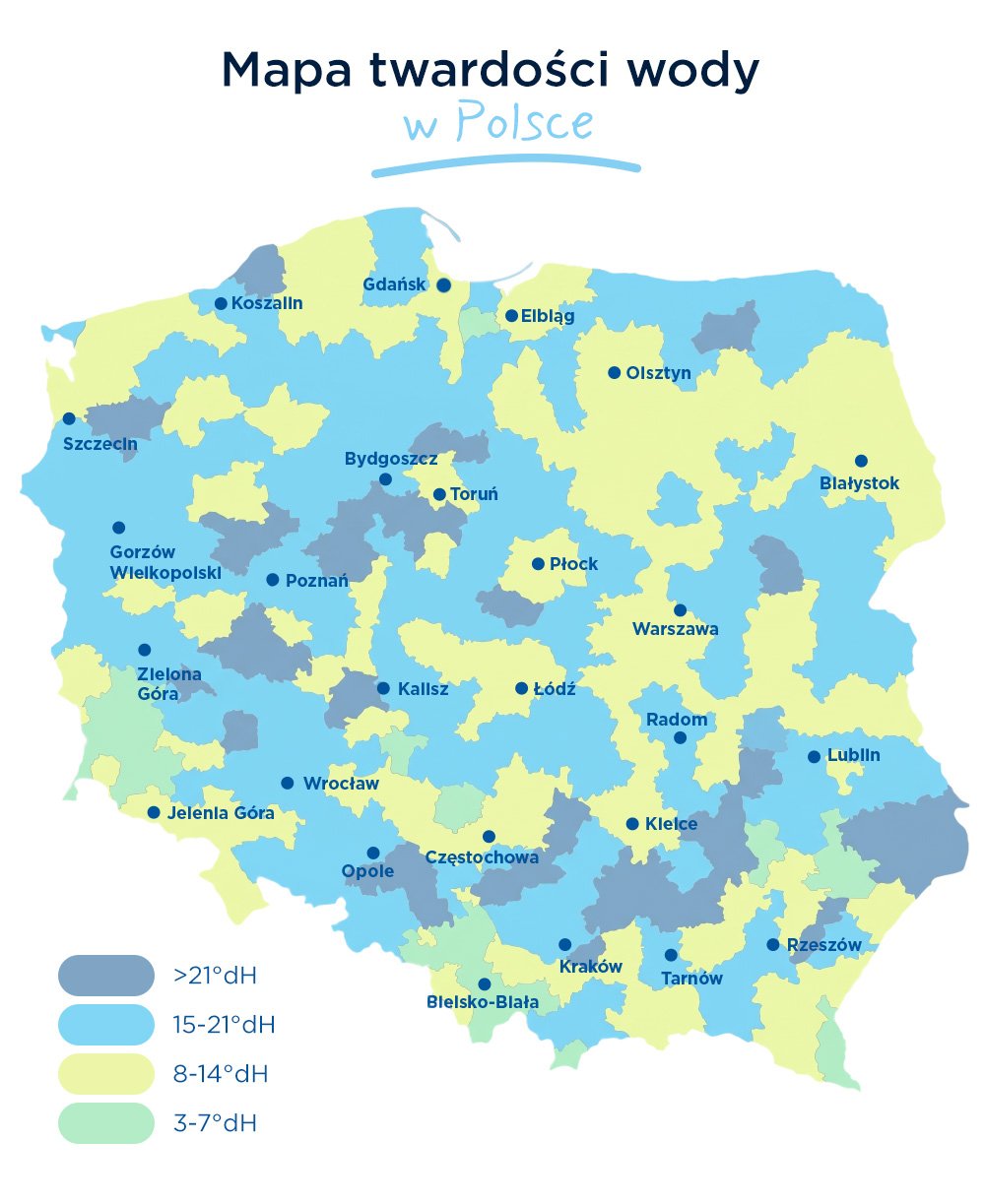 Mapa twardości wody w Polsce