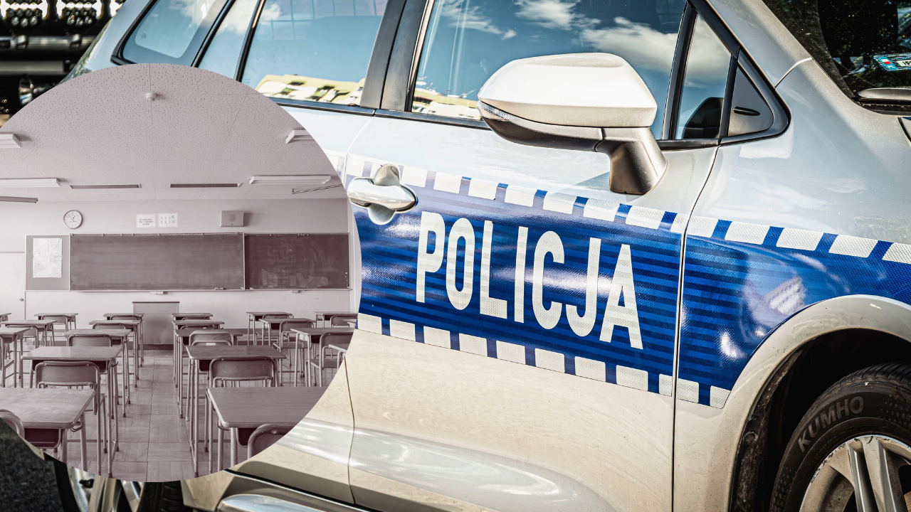 sala lekcyjna w szkole; radiowóz samochód policyjny