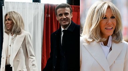 Brigitte Macron w białym płaszczu, jeansach (!) i szpilkach oddaje głos w wyborach prezydenckich. Udana stylizacja pierwszej damy?