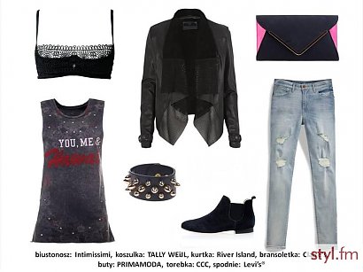 Biustonosz Intimissimi: 134,90 PLN
Koszulka TALLY WEiJL: 59,90 PLN
Kurtka River Island: WZÓR
Bransoletka Claire’s: 39,90 PLN
Buty PRIMAMODA: 679 PLN
Torebka CCC: 69,99 PLN
Dżinsy Levi’s: 439 PLN
