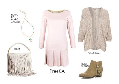 Wielki powrót frędzli stanowi odniesienie do wiecznie eksploatowanego w modzie stylu boho. Zestawienie grzecznej pudrowo-różowej sukienki z oversize’owym kardiganem 
i krótkimi ankle-boots świetnie nawiązuje do tego efektownego trendu, lansowanego na salonach od wielu sezonów. To opcja na chłodniejsze dni, ale wciąż mocno osadzona 
w stylistyce sezonu wiosna-lato 2014. 