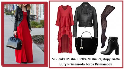 Sukienki maxi fantastycznie sprawdzają się w stylizacjach przez cały rok. Długą, asymetryczną czerwoną sukienkę z falbanami kontrastujemy z czarnymi botkami na obcasie i skórzaną kurtką. 
W rękę chwytamy czarną torbę, która pomieści cały nasz świat- w tym sezonie koniecznie z futerkiem!