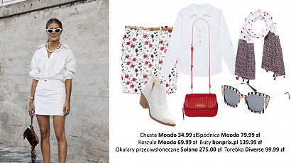 Klasyczna biel w połączeniu z kwiatowymi motywami da niezwykle efektowny look. Spódnicę przed kolano w drobne printy zestawiamy z basicową białą koszulą. Pozwólmy sobie na lekką wariację w postaci mocniejszych akcentów – czerwonej torebki, zdobionej apaszki 
i ekscentrycznych okularów.