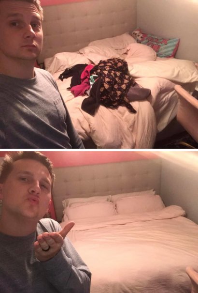 Corey wysłał swojej żonie kilka zdjęć, na których pokazał ich mieszkanie PRZED i PO sprzątaniu.