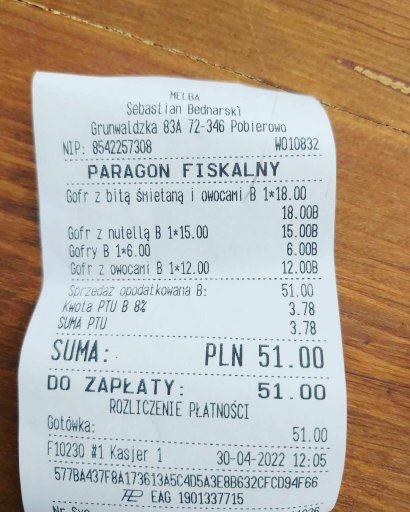 Gość lokalu w Pobierowie zapłacił od 12 do 18 zł za jednego gofra. Łącznie 51 zł za 4 gofry.