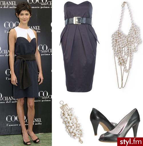 Audrey Tautou na premierze ?Coco avant Chanel\" i propozycje z sieciówek:

Sukienka ok. 200 zł River Island (www.riverisland.com), naszyjnik 229 zł, bransoletka 89 zł Mango (www.mangoshop.com), buty 119 zł Blink (www.butyk.com). - Styler
