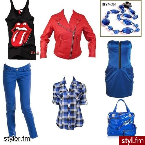 wild red and blue. szmaragdowy niebieski z domieszką dzikiej czeriwni doskonale komponuje sie na różne okazje. Na codzień : top z ustami + niebieskie rurki + koraliki + czerwona kurtka + torebka i rozpieta koszula noszona warstwowo a na impreze niebiesta  - Styler