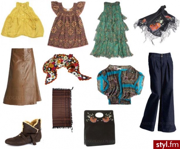 rzeczy w stylu boho z polskich sklepów: żółte poncho C&A 54zł, brązowa bluzka C&A 69.90zł, zielona sukienka z falbanami 249 zł, haftowany folkowy szal H&M 59.90zł, skórzana spódnica H&M 399 zł, chusta z włóczki H&M 59.90zł, kimonowa tu - Styler
