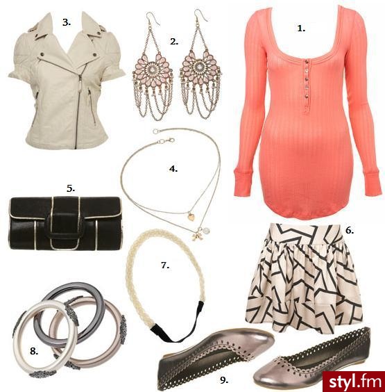 Miss Selfridge. Miss Selfridge 1.bluzka £16.00 2.kolczyki £12.00 3.kurtka £45.00 4.naszyjnik £8.00 5.kopertówka £10.00 6.spódnica £30.00 7.opaska £5.00 8.bransoletki £12.00 9.balerinki £7.00 - Styler