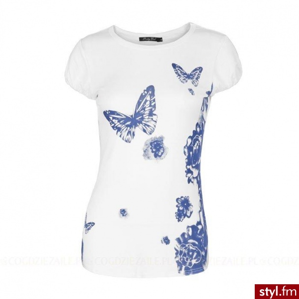 T-shirt - Pretty Girl. Dziewczęcy, biały t-shirt z wiosenno-letniej kolekcji Pretty Girl. Ma krótkie rękawki, półokrągły dekolt i fantazyjny, ciemnoniebieski nadruk. Pasuje do jeansów i sandałów typu \"rzymianki\". - Pozostałe Ciuchy Moda