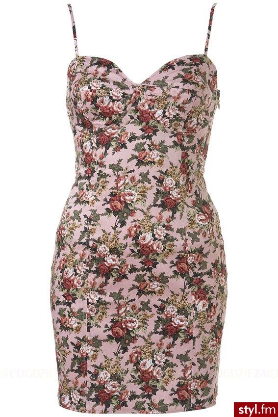 Sukienka - Topshop. Kobieca, dopasowana sukienka z nowej, jesienno-zimowej kolekcji marki Topshop. W romantyczny, kwiatowy wzorek. Ma wąskie ramiączka i zgrabnie wykrojoną górę. Pasuje pod beżowy, lniany żakiet czy rozpinany kardigan. - Pozostałe Ciuchy Moda
