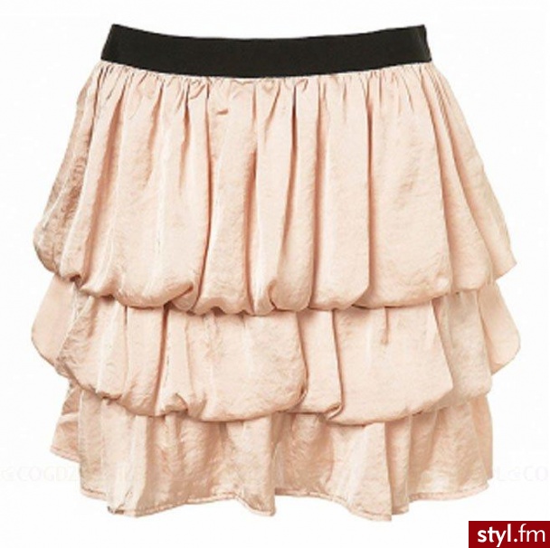 Spódnica - Topshop. Dziewczęca minispódniczka z wiosenno-letniej kolekcji Topshop. Uroku dodaje jej fason bombki oraz pastelowy, różowy kolor. Składa się z szerokich falban oraz kontrastującego paska w czarnym kolorze. - Pozostałe Ciuchy Moda
