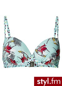 Bonprix Biustonosz bikini push up turkusowy z nadrukiem 967506_19139 - Na plażę Bielizna Moda