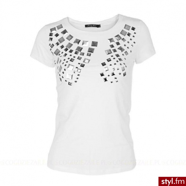 T-shirt - Pretty Girl. Przyciągający wzrok t-shirt z wiosenno-letniej kolekcji Pretty Girl. Ma krótkie rękawki, półokrągły dekolt, biały kolor oraz tworzące wzór w górnej części, kwadratowe kryształki różnej wielkości. - Pozostałe Ciuchy Moda