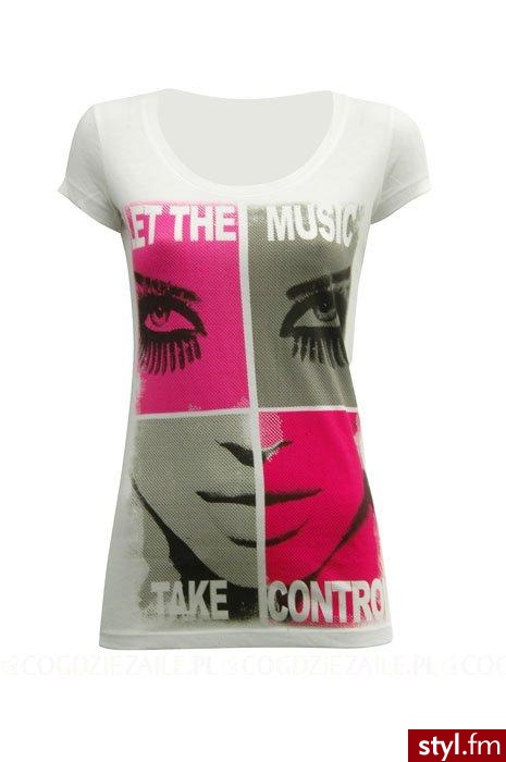 T-shirt - Tally Weijl. Dziewczęcy t-shirt z nowej, wiosenno-letniej kolekcji Tally Weijl. Dopasowany, o dłuższym fasonie, z krótkimi rękawami i półokrągłym dekoltem. Z dużym, szaro-różowym, przyciągającym wzrok nadrukiem. - Pozostałe Ciuchy Moda