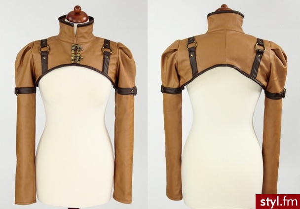 steampunkowe bolerko z bufkami brązowa eko skóra i swing hooksy. - Bolerka Okrycia Moda