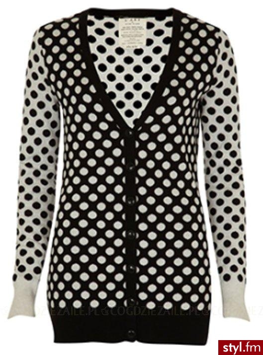 Sweter - River Island. Wiosenny, rozpinany sweter z nowej kolekcji River Island. Czarno-biały, w fantazyjne groszki. Wykończony szerokimi ściągaczami na dole i przy rękawach. Dobry wybór do wąskich jeansów. - Pozostałe Ciuchy Moda
