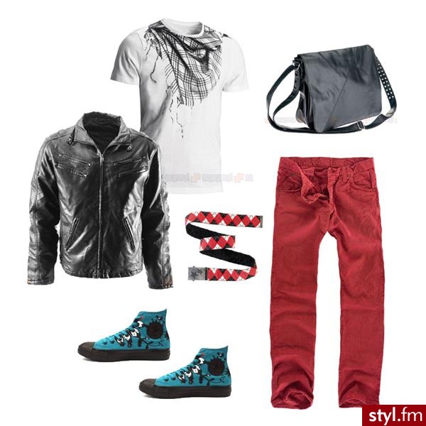 \"Punkowiec\". kurtka Smog 199zł, t-shirt H&M 39.90zł, torba Pull&Bear 79zł, czerwone spodnie Pull&Bear 129zł, trampki Converse 199zł, pasek Pull&Bear, 49zł - Styler
