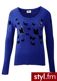 Bonprix Sweter z nadrukiem błękit królewski 966226_17182 Odcienie niebieskiego - Swetry Ciuchy Moda
