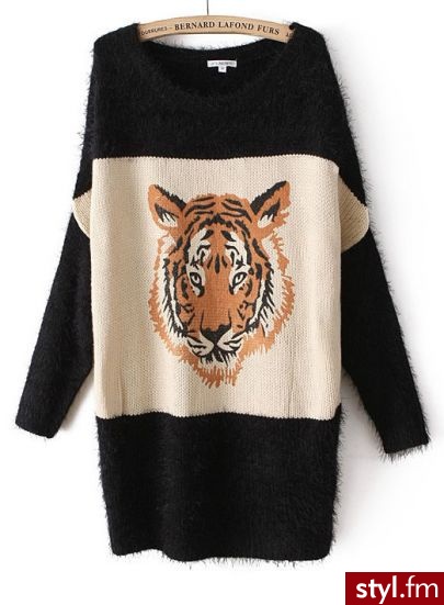 Black Long Sleeve Tiger Pattern Loose Sweater - Swetry Ciuchy Moda