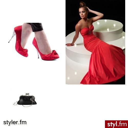 zestaw wieczorowy ;). Czerwona sukienka, śliczne czerwone buty na wysokim obcasie i do tego czarna mini torebka. - Styler