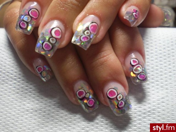 tips clear, srebrne i biale holo + flexbrush na zeliku - Paznokcie