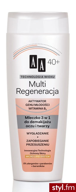 AA Technologia Wieku Multi Regeneracja 40+ mleczko 3w1 do demakijażu oczu i twarzy 200 ml - Emu Buty Moda
