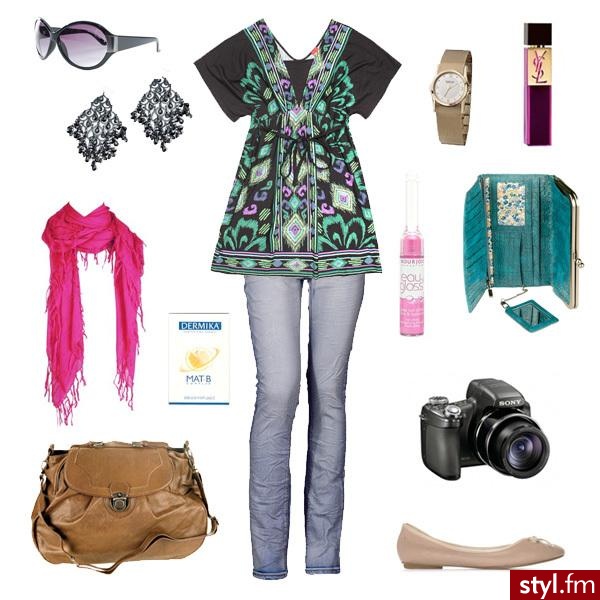 1. okulary Mango 79 zł, 2. kolczyki Aldo 69 zł, 3. chusta Zara wzór, 4. bibułki matujące Dermika 25 zł, 5. torba Pull&Bear 99 zł, 6. tunika Olsen 269 zł, 7. jeansy New Yorker 189 zł, 8. zegarek Kenneth Cole New York 453 zł, 9. perfumy YSL Elle 220 zł  - Styler