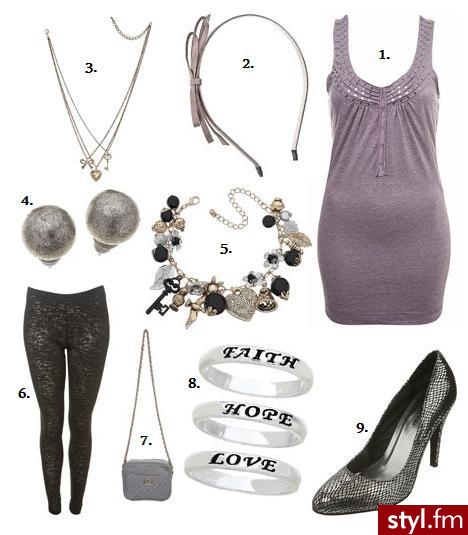 Miss Selfridge. Miss Selfridge 1. tunika £18.00 2. opaska £5.00 3. naszyjnik £8.00 4. kolczyki £6.00 5. bransoletka £10.00 6. leginsy £16.00 7. torebka £10.00 8. pierścionki £5.00 9. buty £35.00 - Styler
