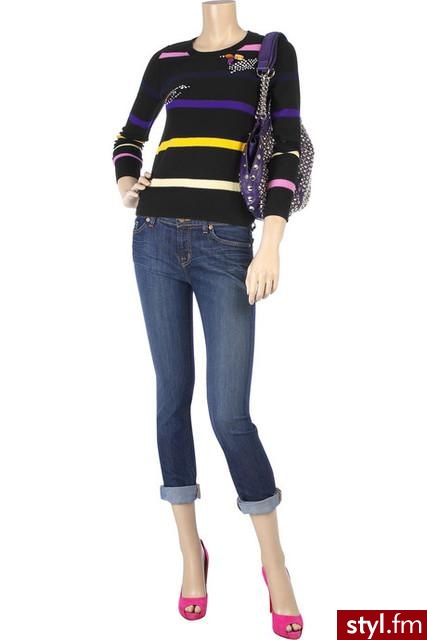 Kolorowy, kaszmirowy sweterek & torebka - Sonia Rykiel; jeansy - J Brand; buty - Christian Louboutin. - Pozostałe Ciuchy Moda
