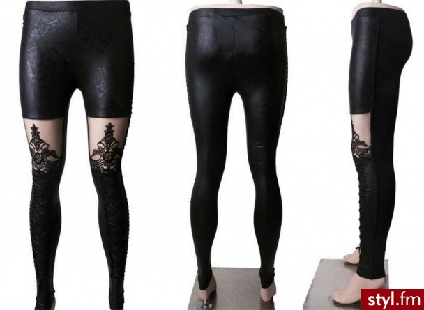 Gotyckie legginsy - Wykonane z rozciagliwego poliestru imitujacego delikatnie tłoczoną skórę.
W pasie wszyta szeroka gumka.
Z przodu od połowy uda wszyta została mocna,
czarna siateczka z przepięknym haftem.

Poniżej biegnie wiązanie gorsetowe. - Leginsy Spodnie Moda