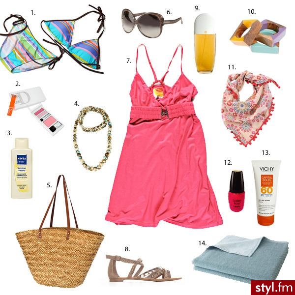 1. kostium kąpielowy Novamoda 55 zł, 2. kasetka do makijażu Dior 130 zł, 3. balsam Nivea 14 zł, 4. korale Pull&bear 59,90 zł, 5. koszyk Oysho wzór, 6. okulary Zara 99 zł, 7. sukienka Cropp 69 zł, 8. sandały Heavy Duty 229 zł, 9. woda toaletowa Elizabe - Styler